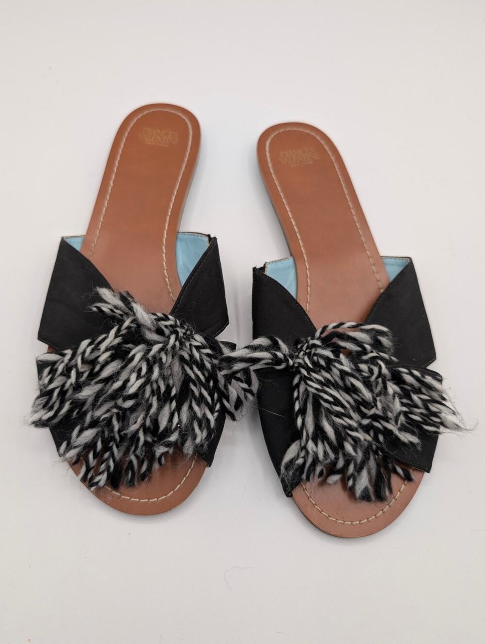 Frances Valentine Trez Nylon Slide Sandals Black White Pom Pom Size 8.5
